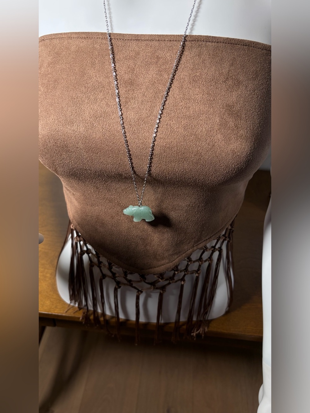 Green Aventurine Bear Hand-Carved Pendant Necklace Long - Picture 8 of 15
